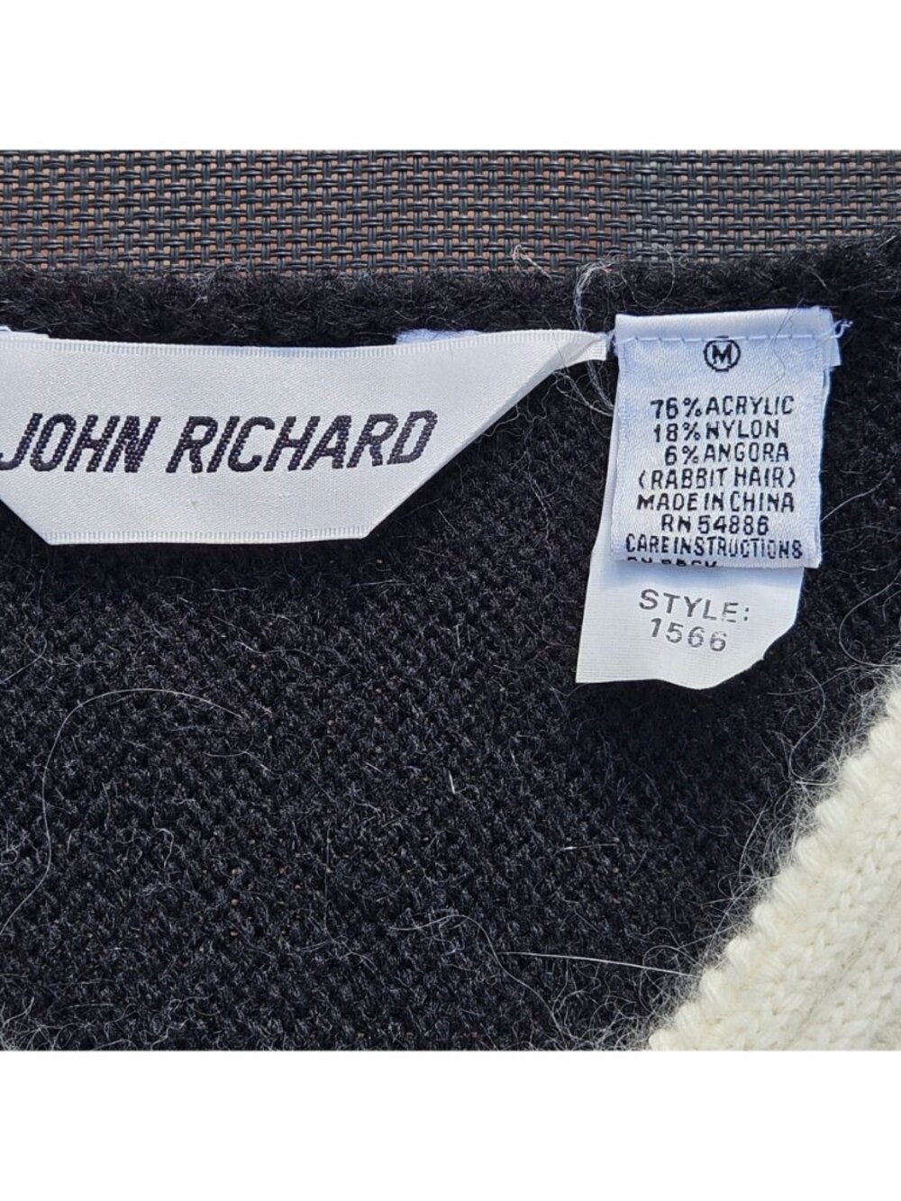 John Richard 80s Angora Beaded Diamond Sweater Black Ivory M - Picture 5 of 9
